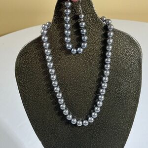 Dark Gray Pearl Strand Necklace and Bracelet Set Classic Elegant Goth Boho